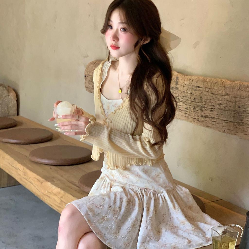 New summer French temperament fashion romantic bow small floral short suspender dress