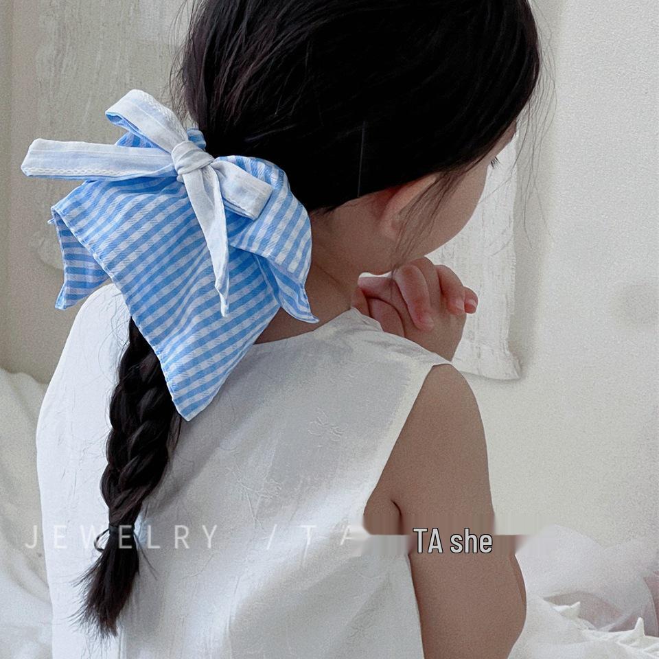 Blue Checkered Bow Scarf Scrunchie for Girls