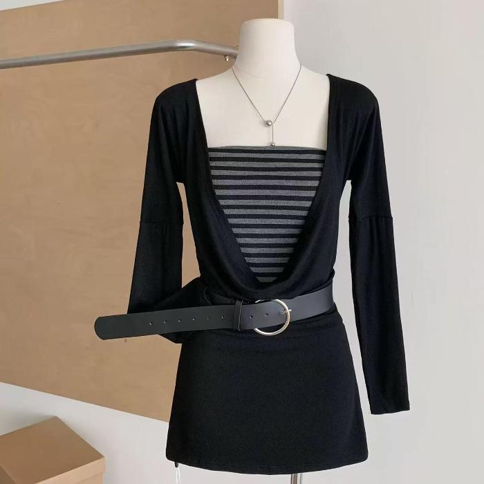 Women s American Spicy Girl Striped Tank & Draped Neck Long-Sleeved Dress Set S