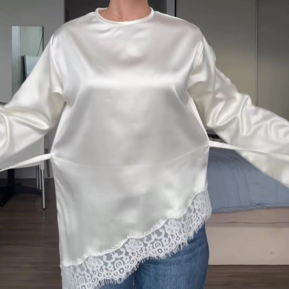 Satin Lace Patchwork Long Shirt Waist-cinching Slim Belted Blouse Women's Lace-up Tops Spring