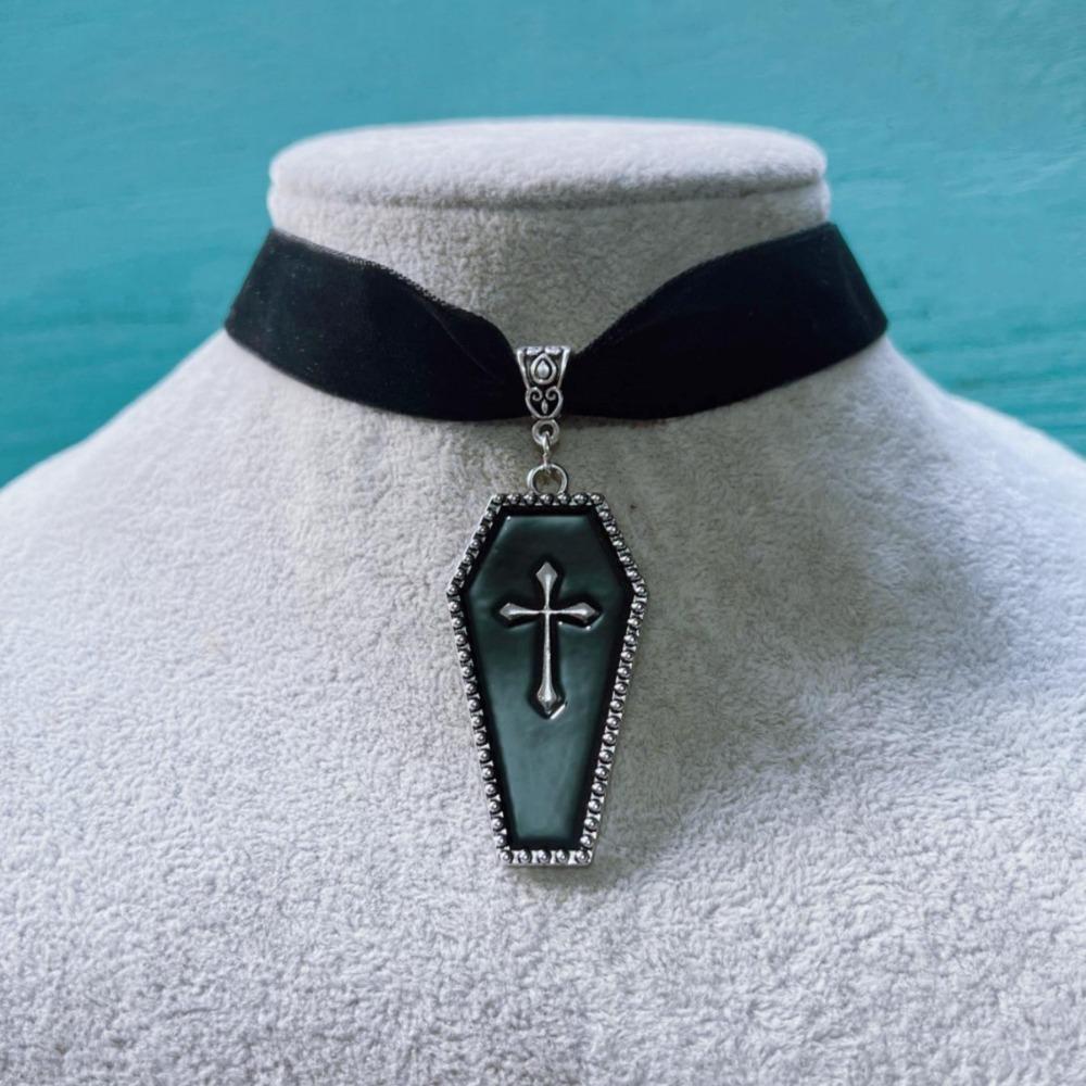 Gothic Silver Color Death Cross Red Dripping Glaze Coffin Pendant Velvet Necklace for Women Men Hallowmas Retro Fashion Jewelry