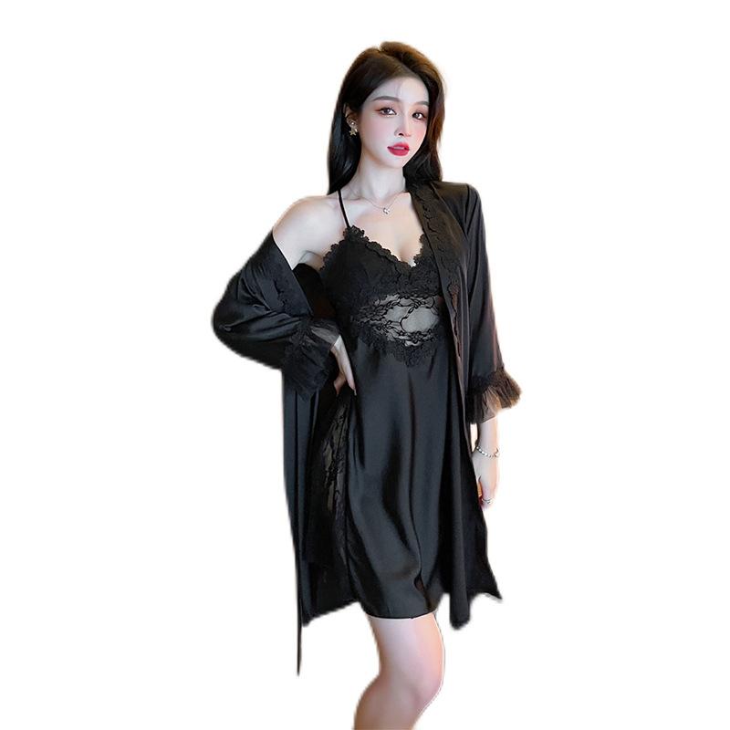 New women's sexy suspender two-piece set women's summer fashion thin ice silk suspender skirt lace edge pajamas