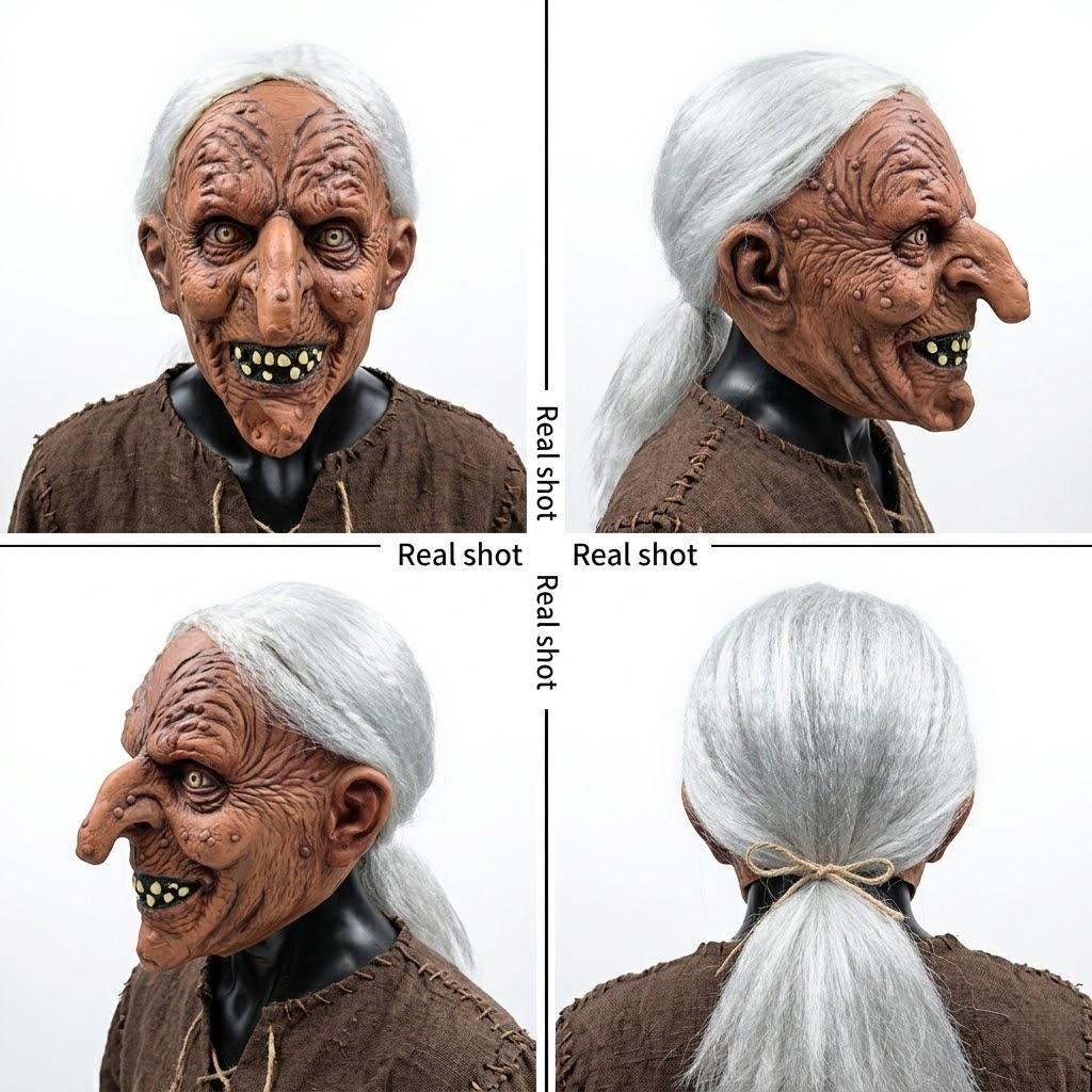 Creepy Witch Mask With Yellow Teeth Halloween Horror Latex Headpiece For Costume Or Haunted House