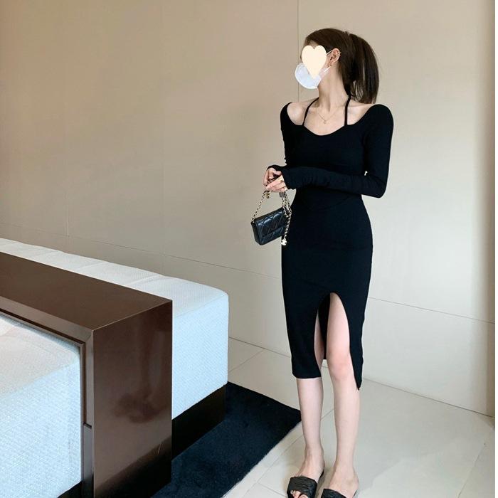 Black Split Sexy Neck Dress Women's Autumn Spice Girl Long Sleeve Slim Irregular Medium and Long Hip Wrap Skirt