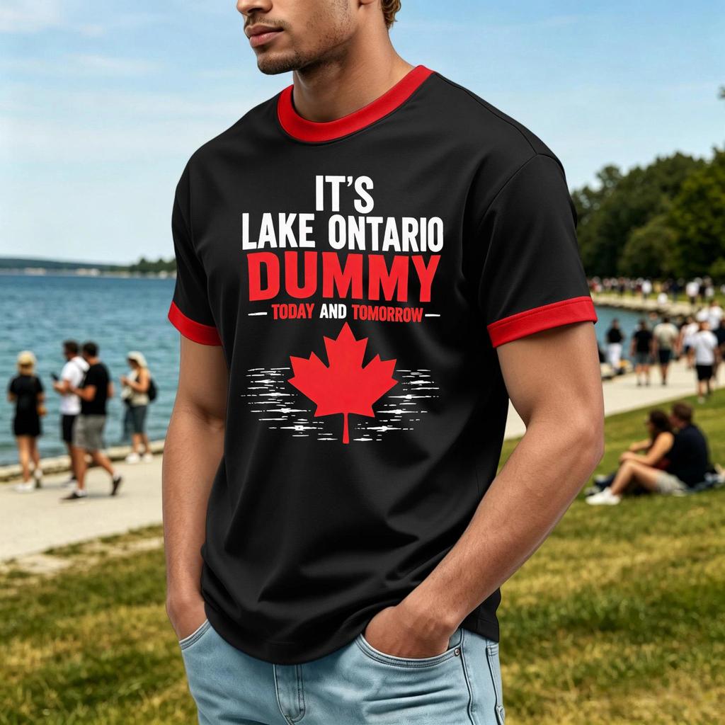 Top casual moda da uomo con stampa Lago ONTARIO, girocollo, elasticizzato, manica corta (, TRUE NORTH GRANDE, EST. 1615)