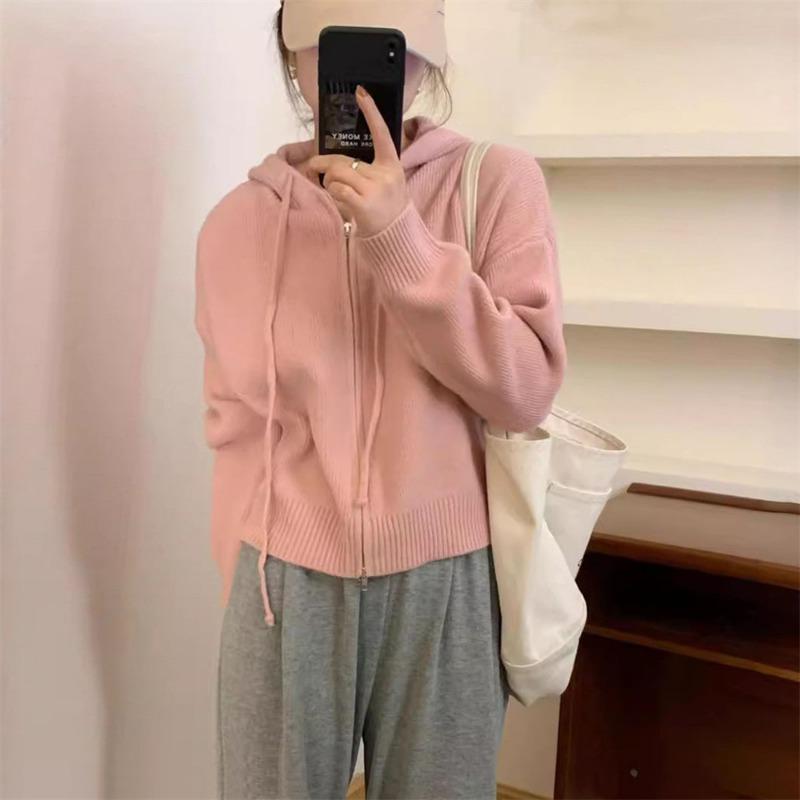 Solid color double zipper hooded knitted cardigan women's autumn and winter new loose casual simple sweater jacket