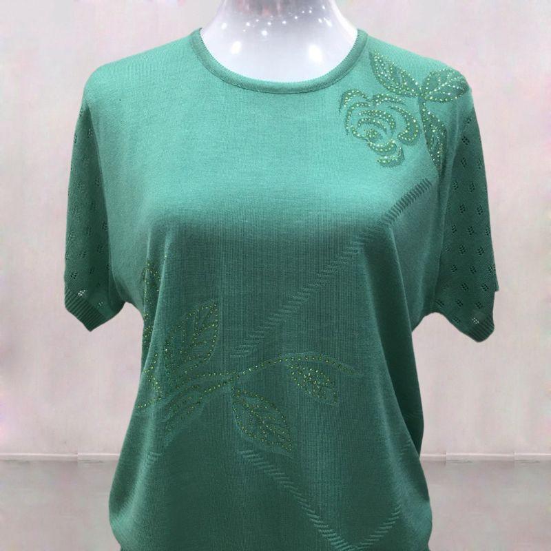 Women's Casual Knit T-shirt Round Neck Short Sleeve Hollow Out Top with Rhinestone Floral Pattern