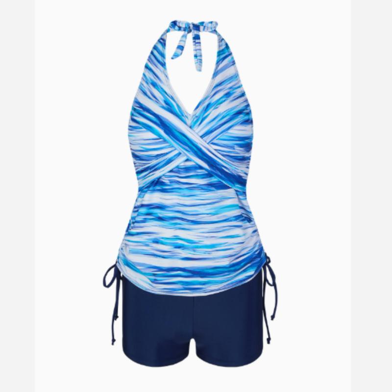 Klassische schwarze Neckholder-Tankini-Sets mit Kordelzug, gerüschter Criss Cross Center Core Top Boxershorts-Badeanzug, Damen-Bademode und -Kleidung