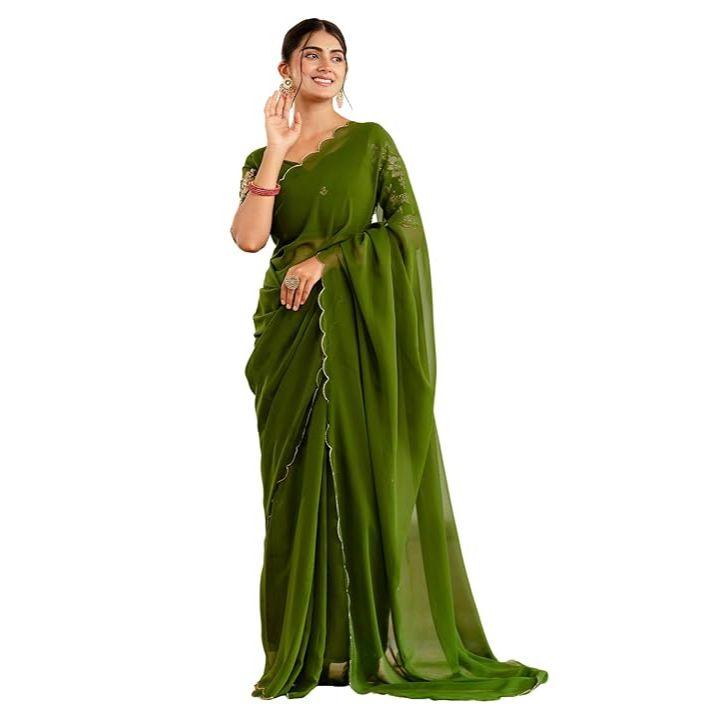 Saree Georgette pentru Femei cu Bord Scalloped și Bluză Neconfecționată