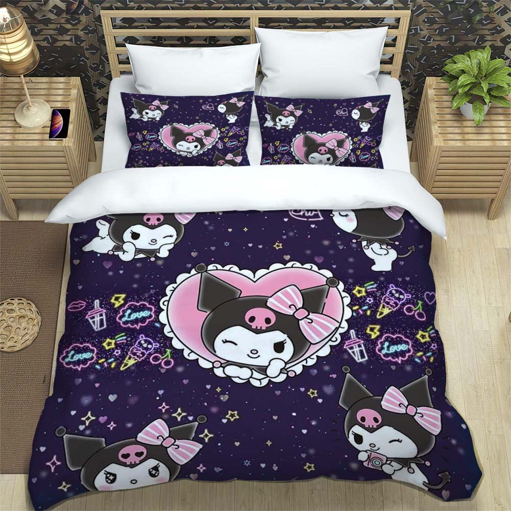 Kuromi 3-piece Cartoon Bedding Set, Exquisite Adult and Children's Bedding Set, Suitable for Double and Single Beds, Large Size.