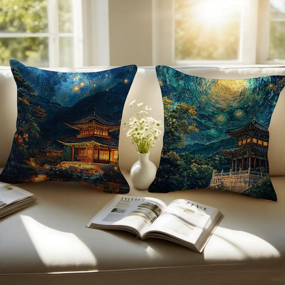 Historic Korean Landmark FFoguo Temple Cushion Cover Pillowcase Antidustmite Invisible Zipper Short Plush Sofa Cushion
