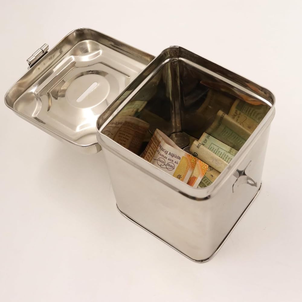 RSINC Stainless Steel Large Coin Box | Antique Piggy Bank & Money Organizer |  Elegant Silver Gullak for Coins & Savings | Pc-1 O Steel Large Coin Box