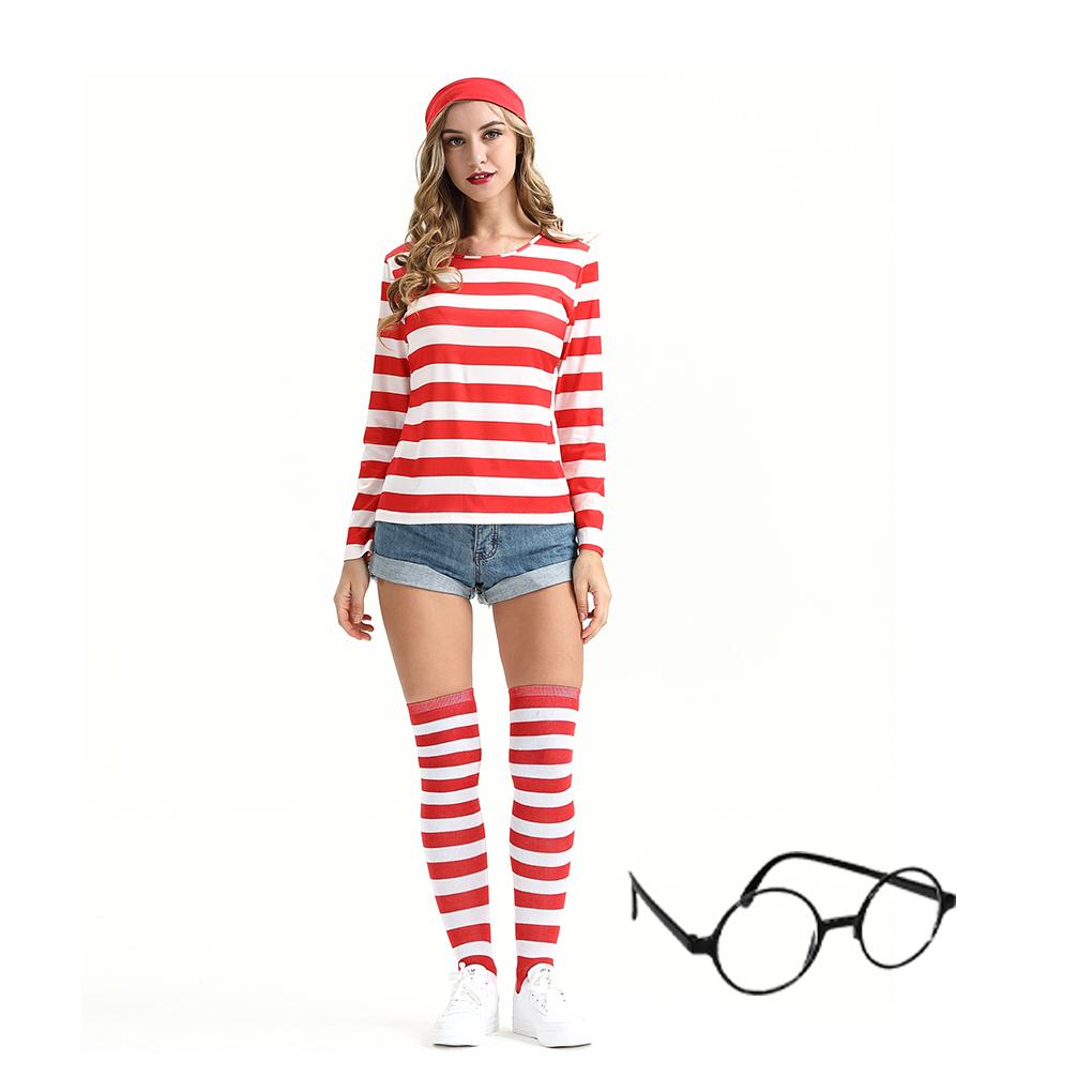 

Women Cute Costume Set Red White Striped T-shirt Breathable Skin Friendly Soft Knitting Socks Hat Christmas Cosplay Outfit xxl