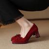 Krazing Pot Suede Round Toe Size 40 High Heels Slip On Platform Butterfly-knot Decoration Casual Autumn Shallow Pumps