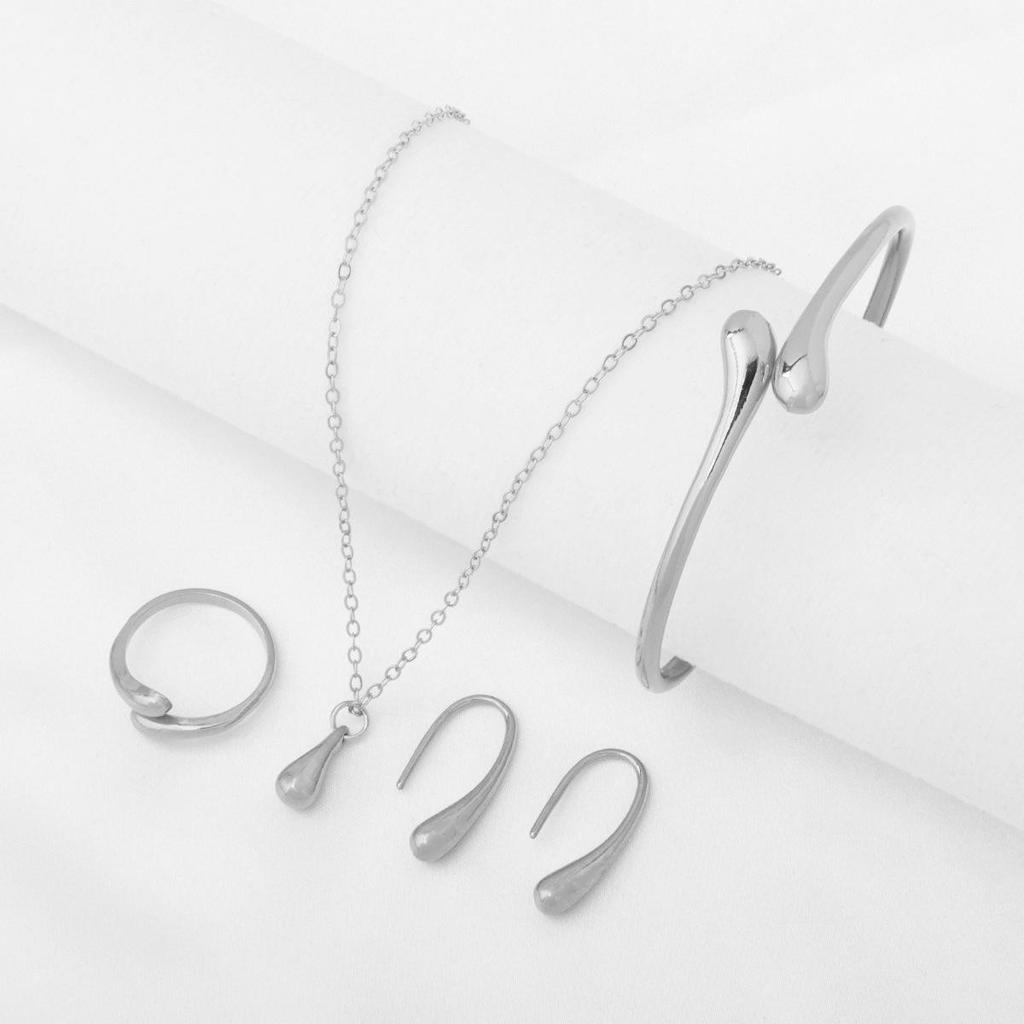 Angel's Tear Jewelry Set: Water Drop Pendant Necklace, Openable Bracelet, Earrings, and Ring - Four-Piece Collection
