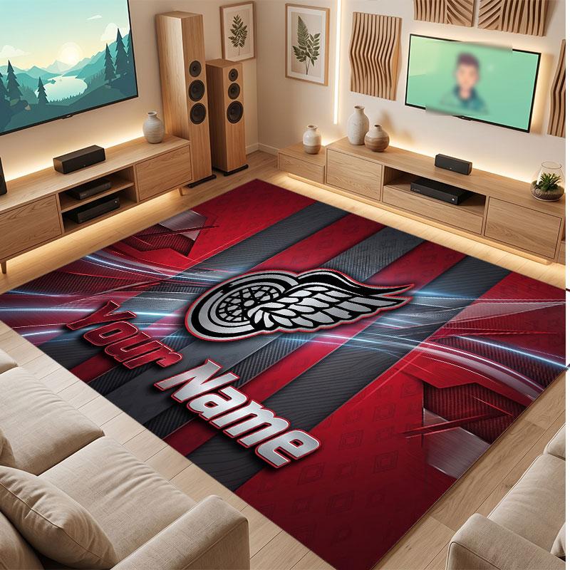Detroit Red Wings Personalized Crystal Velvet Carpet, Customized Name Text Soft Anti‑Slip Rug for Living Room Bedroom