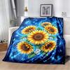 Manta de Franela con Estampado de Girasol y Mariposa Azul, Manta Acogedora con Fondo de Cielo Estrellado
