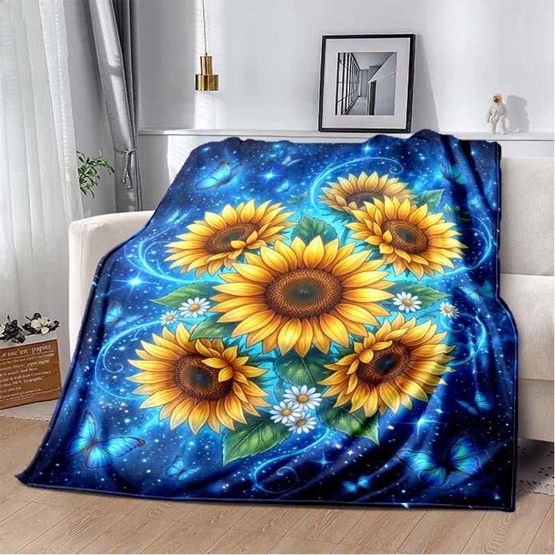 Manta de Franela con Estampado de Girasol y Mariposa Azul, Manta Acogedora con Fondo de Cielo Estrellado