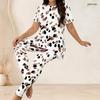 Women Plus Size Striped Printed Round Neck Short Sleeve Two Piece Set Long Top And Fitted Pants