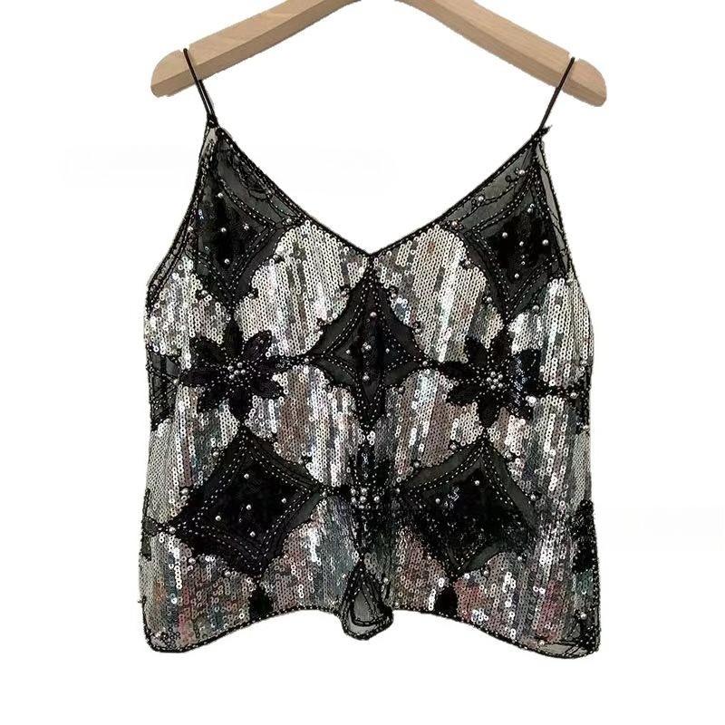 Women's Summer Sequin Beaded Deep V-Neck Crop Cami – Sparkly Sleeveless Layering Tank Top, Sexy Slimming Clubwear