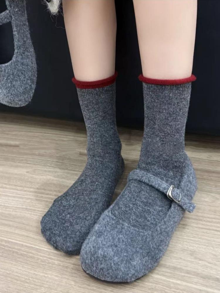 Szare Skarpetki Sezonowe Czysta Bawełna Skarpetki do Połowy Łydki Pogrubione Ciepłe Wełniane Podkolanówki Podwinięty Obszyty Ściągacz Skarpetki na Zimę
