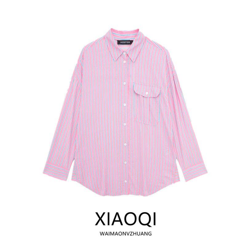 2024 Spring New Fashion Women's Clothing Easiest for Match Long Sleeves Polo Collar Stripes Shirt Tops Female 2157033 620