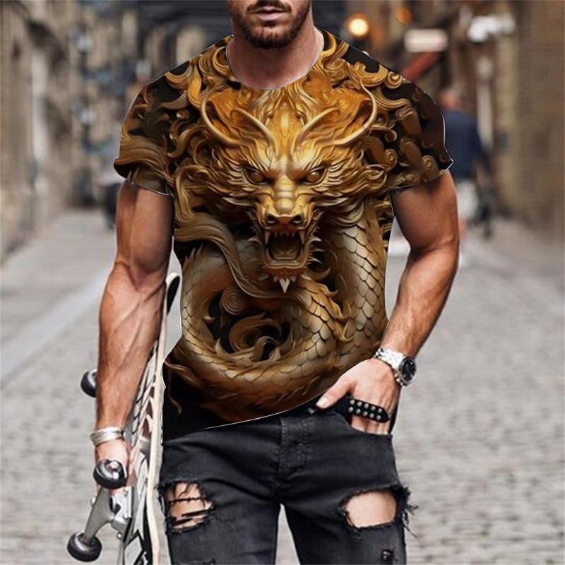 Men s 3D printed domineering dragon head short sleeved T-shirt, casual T-shirt, short sleeved top S