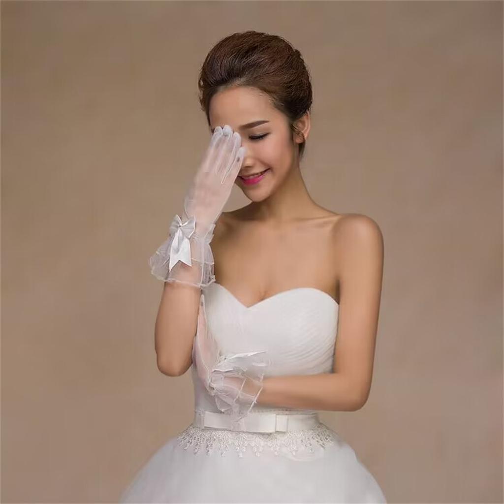 Seethrough Bowknot Mesh Gloves for Evening Party Short Gloves Bridal Gloves Wedding Accessory Handwear for Special Event