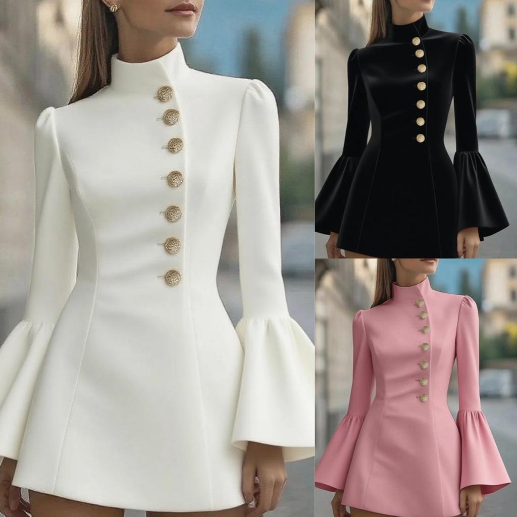 Women's Fashionable Elegance Solid-Colour Long-Sleeved Slim-Fit Stand Collar Bell-Sleeve Suit Dress