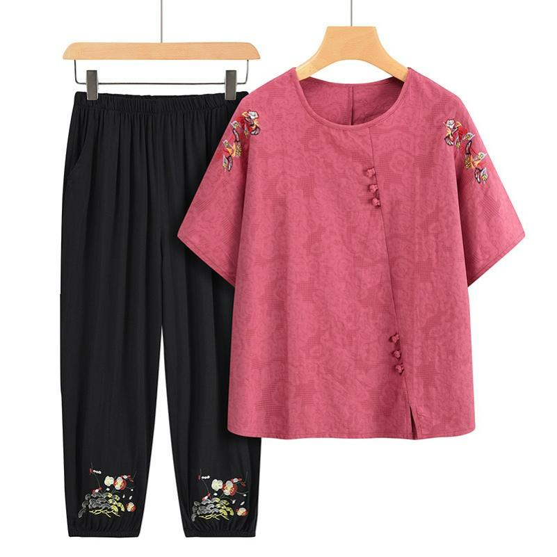 Summer Suit Cotton and Linen Short-sleeved Mother Cotton T-shirt Plus Size Clothes