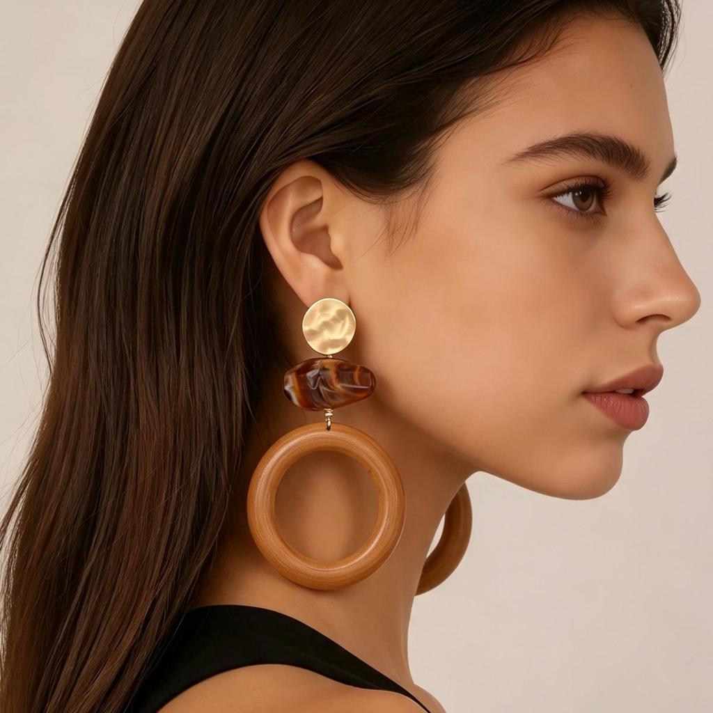 Resin Round Hollow Circle Coffee Color Luxury Earrings for Women