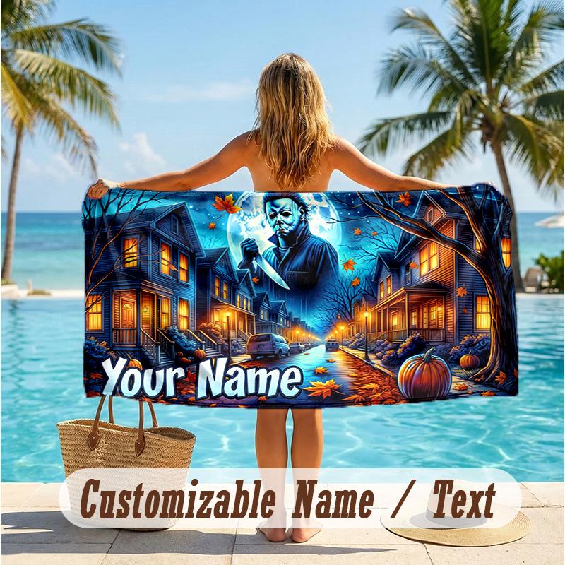 Custom Text Beach Towel, Soft Absorbent Swimming Multi-use TowelHalloween Michael Myers
