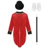 Womens Ringmaster Sequin Tailcoat Set Bowler Hat White Gloves Magic Wand 4 Pieces Circus Halloween Costume