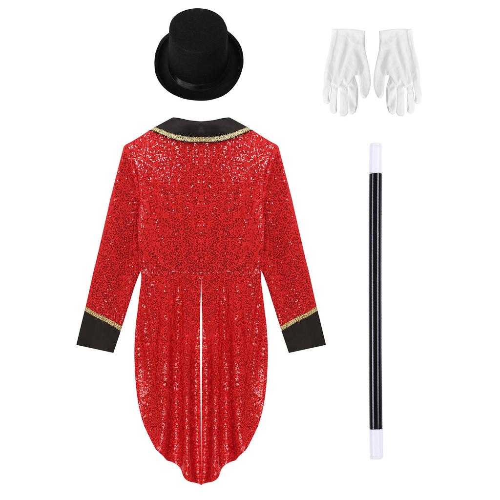 Womens Ringmaster Sequin Tailcoat Set Bowler Hat White Gloves Magic Wand 4 Pieces Circus Halloween Costume
