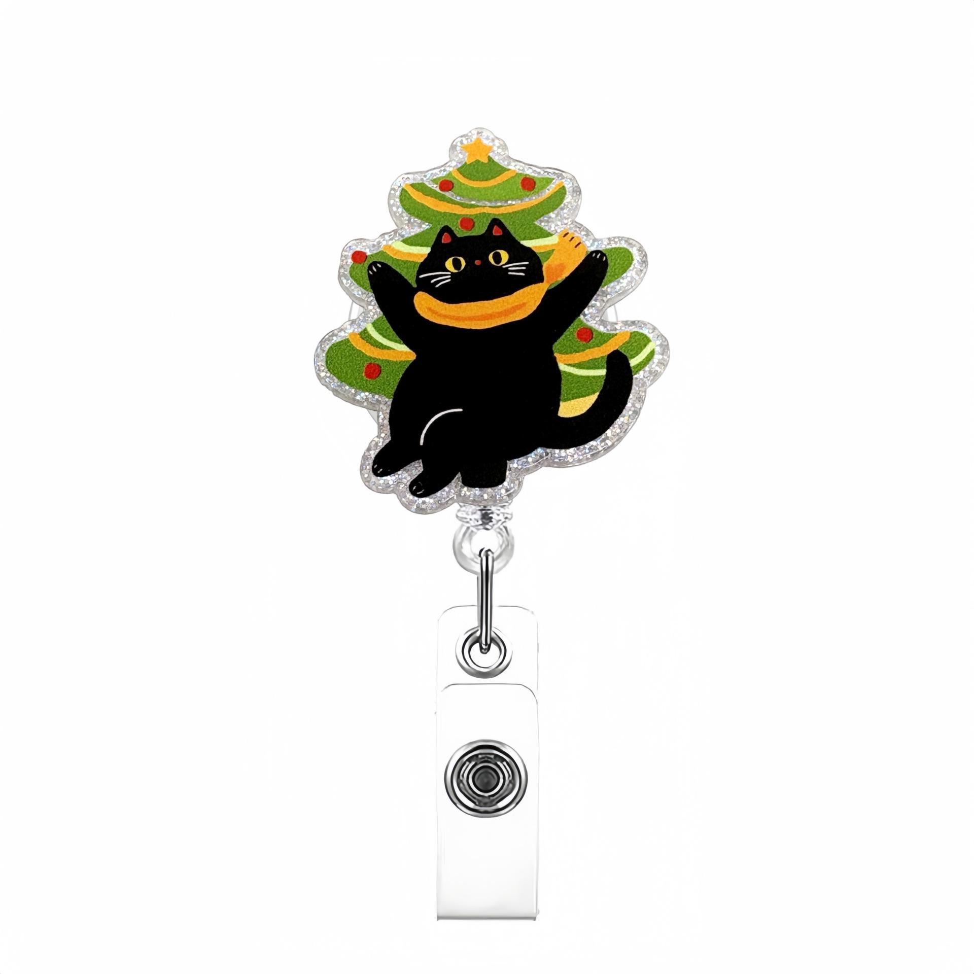 

Christmas Creative Black Cat Acrylic Badge Holder ID Card Holder Retractable Badge Reel Christmas Gift for Nurses Keychain Gifts