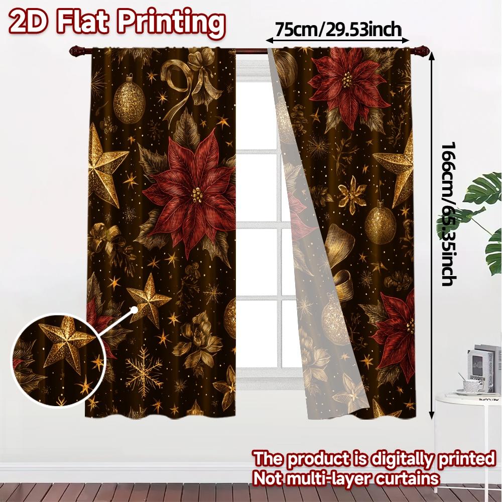 2D Flat Printing  JIT 2pcs   Curtains (Without Rod) Golden Noel Tree Modern Fashionable Curtains Versatile Polyester Fabric