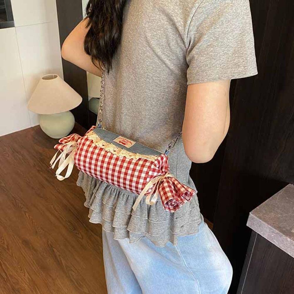 Cherry Red Plaid Crossbody Bag Canvas Denim Lace Shoulder Bag Literary Candy Shape Bag  Summer