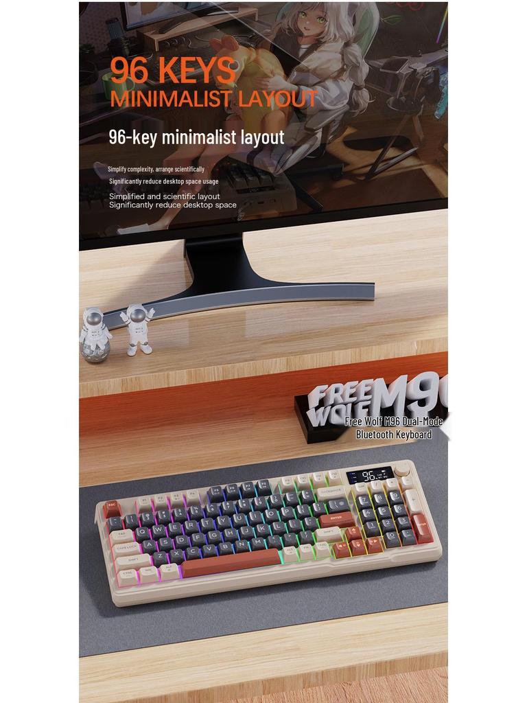 Free Wolf M96 Dual-Mode Wireless Bluetooth Keyboard: PBT Spherical Keycaps, Display Screen, Knob Control, Mechanical Feel, Gaming-Ready.