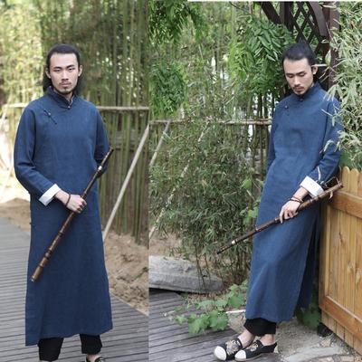 Casual Lange Hanfu Gown in Republiek Era-Stijl met Ramie, Pan Gesp en Koperen Knop