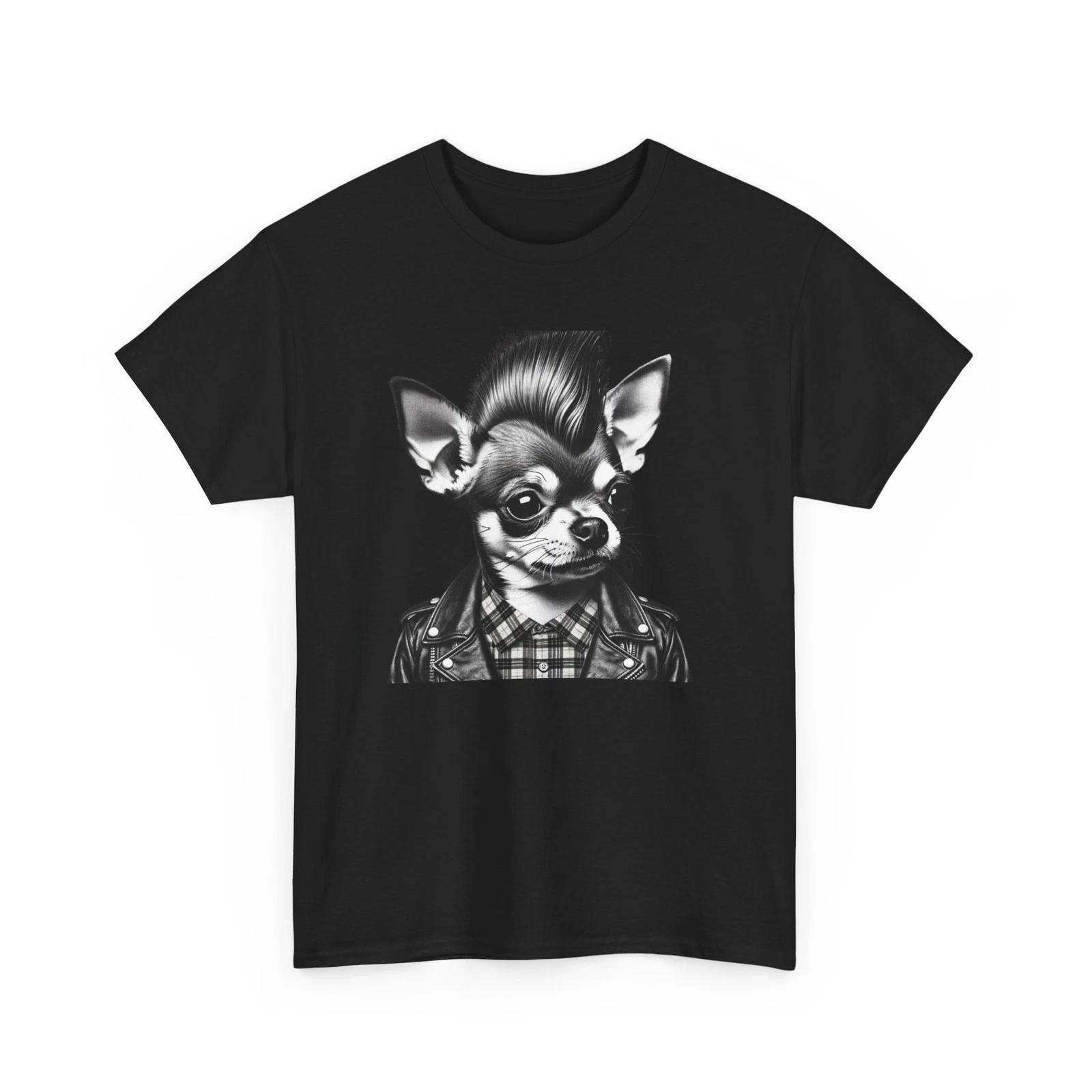 Unisex Adult T Shirt Punk Chihuahua Dog Wearing Leather Jacket Mohawk Music Tee 3XL