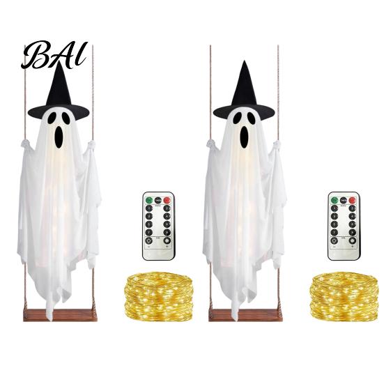 Large Hanging Ghost for Trees Luminous Halloween Swing with Witch Hat, Remote-controlled Adjustable Outdoor Party Brightness, Flying Ornament