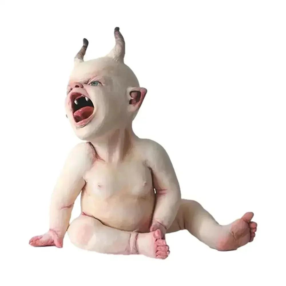 Haunted Horned Zombie Infant Statue - Chilling Halloween Decoration & Sinister Suspended Prop