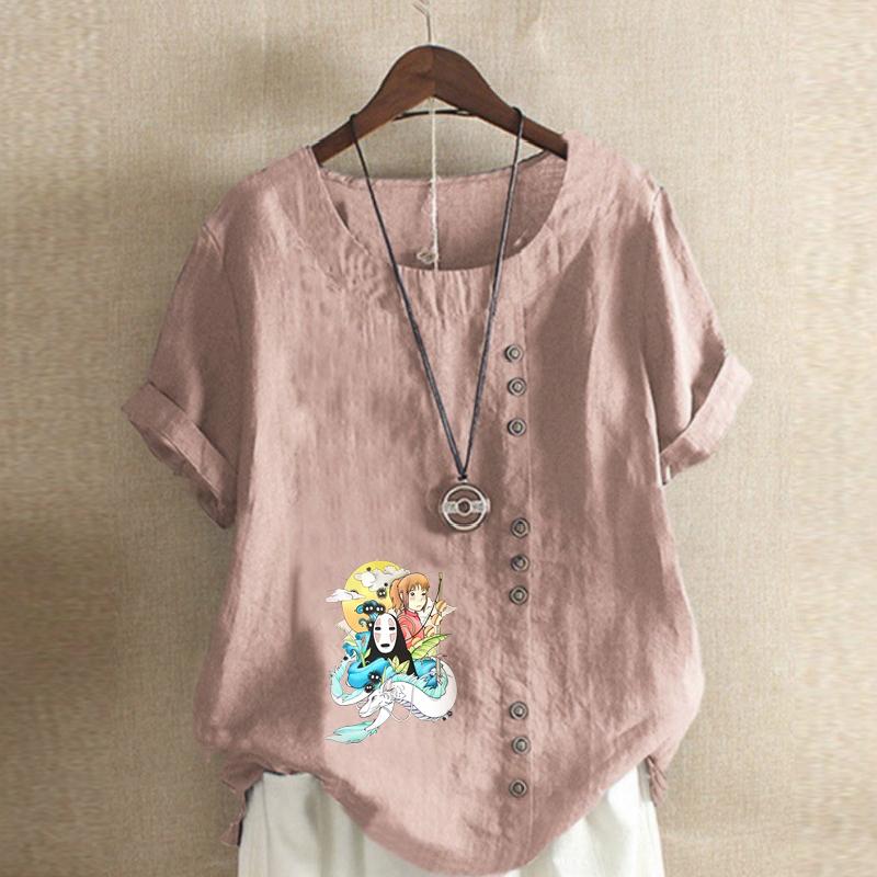 Women's New Fashion Linen Shirt Round Neck Short Sleeve Cartoon Characters Pattern Printed T-shirt Summer Ladies Casual Plus Size Blouse Tops