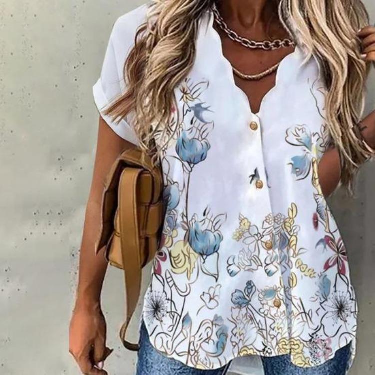 Summer Floral Print Blouse with Petal Neckline Large Buttons Single Breasted Streetwear Fashion