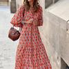 Women Bohemian Floral Print Dress V Neck A Line Maxi Beach Dress with Puff Sleeves Casual Loose Printed High Waist Swing Hem Dress for Beach Party