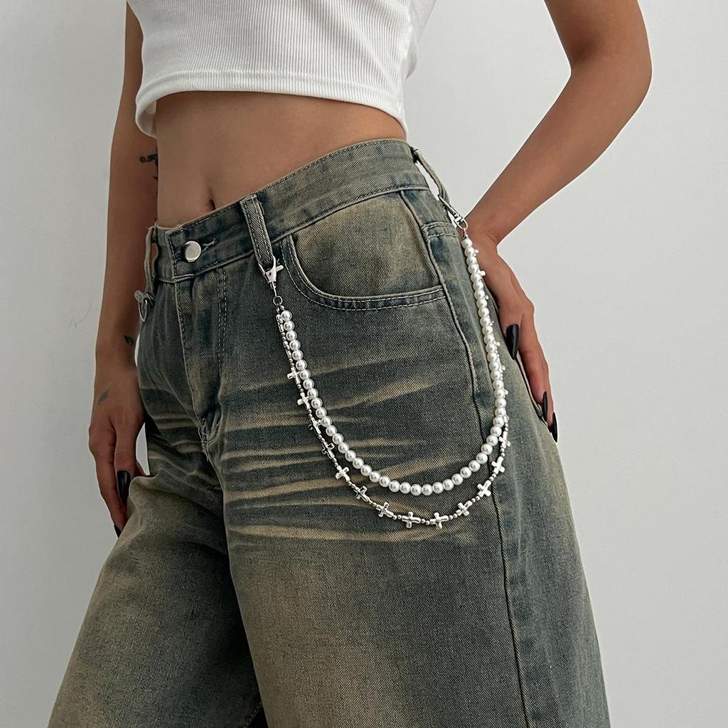 Punk Style Patchwork Pants Chain & Faux Pearl Beaded Waist Ornament - European & American Street Fashion