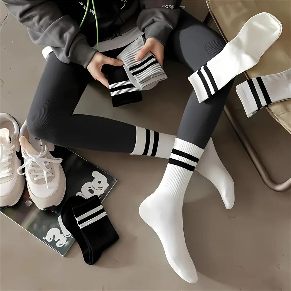 3 Pairs Breathable Sports Socks - Mid-Calf & Ankle Length, Moisture-Wicking, Black-White Stripes, Soft  for Gym, Running, Hiking