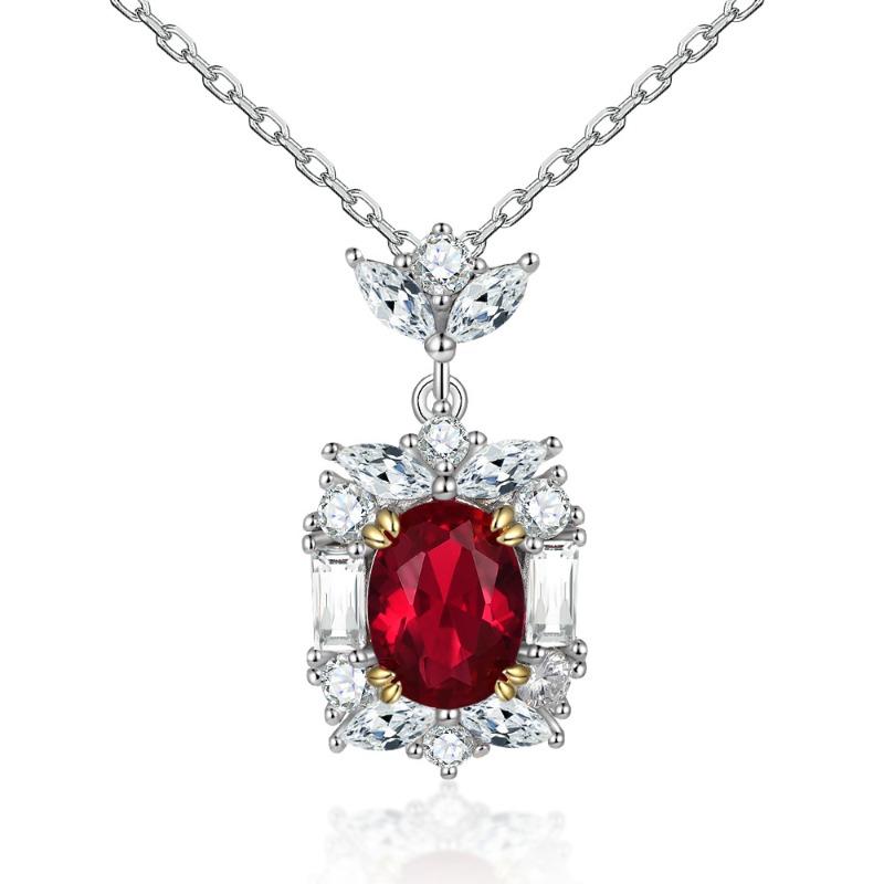 S925 Silver Ruby Pendant Natural Garnet Zircon Necklace Women's High-end European and American Style Sterling Silver Collarbone Chain