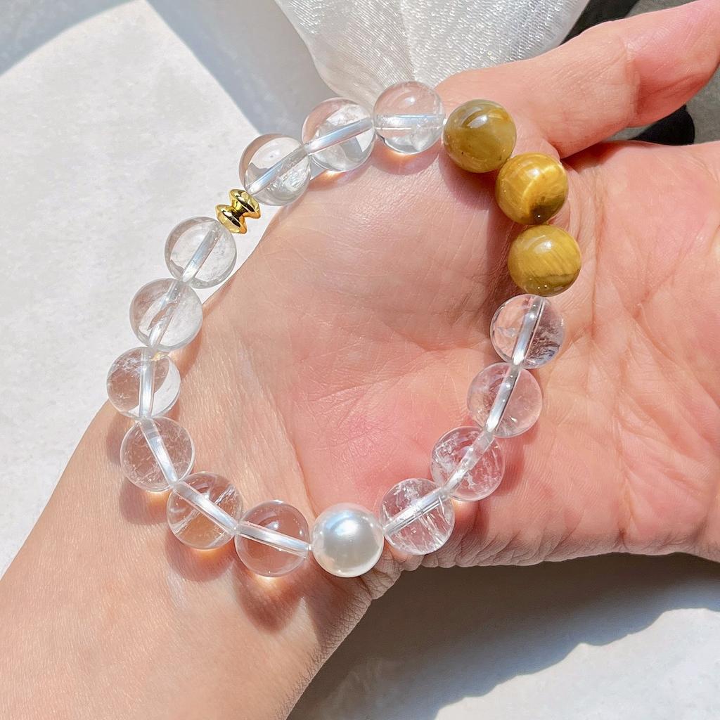 10Mm Natural White Crystal Tiger'S Eye Design Bracelet Bracelet