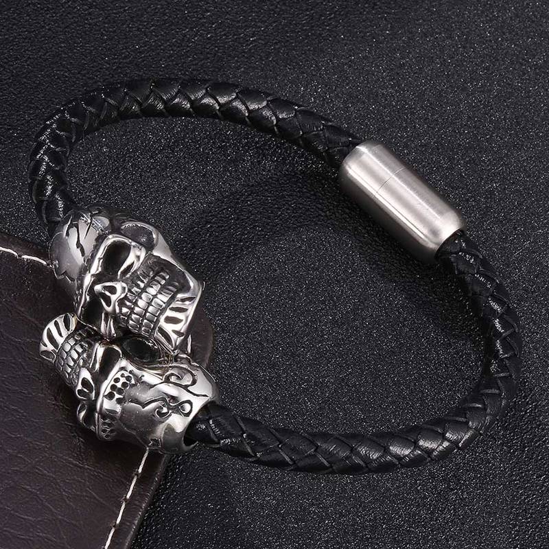 Punk Skeleton Men Leather Bracelets Bangles Black Braid Rop Man Jewelry Wristband